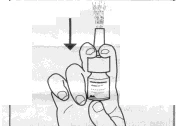 A hand holds a glass vial while a black arrow indicates downward movement for drug administration