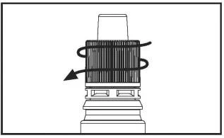 Disegno tecnico di un dispositivo medico con una freccia curva che indica il movimento di rotazione in senso antiorario attorno alla parte superiore