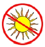 Prohibition symbol with red circle and diagonal bar overlapping a yellow sun with stylized rays on a white background