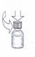 Technical drawing showing two downward-pointing arrows on the cap and a curved arrow indicating rotation of the medical vial
