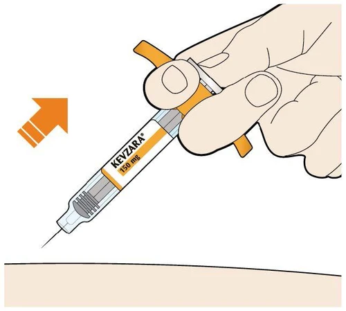 A hand holding a Kevzara 150 mg syringe tilted toward the skin with an orange arrow indicating the insertion movement