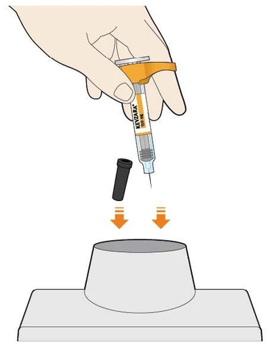 A hand holds a Kevzara syringe with needle pointing downward above a gray support, with orange arrows indicating downward movement