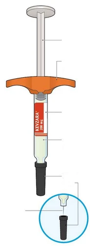 Technical diagram of a pre-filled Kevzara 200 mg syringe with plunger, glass body containing liquid, black tip, and an enlarged detail of the connector