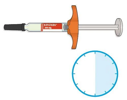 Illustration of a Kevzara injector 200 mg with orange grip and a blue circle indicating the administration site