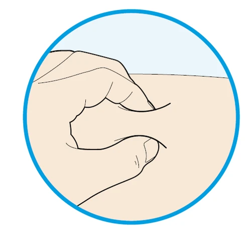 A hand pinching and lifting a fold of light skin on a body surface at