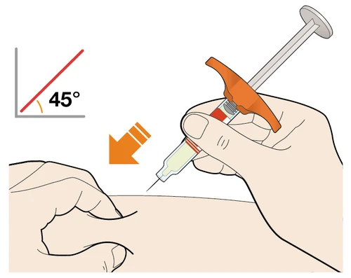 A hand holding a syringe with needle inclined at 45 degrees to the skin, with a graphic indicating the