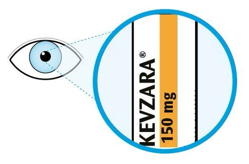 Illustration of an eye observing a magnified view of the Kevzara drug name with dosage 150 mg on a white and orange background