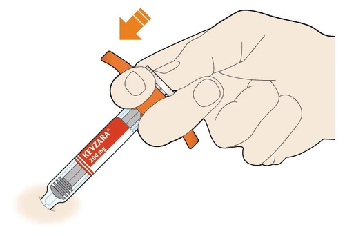A hand holding a pre-filled Kevzara 200 mg syringe with an orange arrow indicating downward pressure for