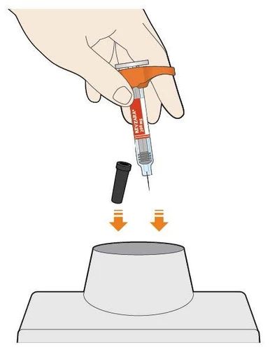 A hand holds a syringe with red and white label ready to be inserted into a gray support device with orange arrows pointing downward