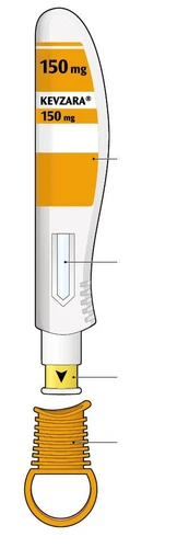 Exploded diagram of a Kevzara 150 mg autoinjector with white and orange components and guidelines for