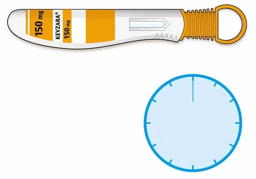 White and orange autoinjector labeled Kevzara 150 mg with a circular blue dial with black ticks for time measurement