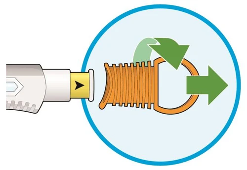 Diagram with green arrows indicating rotational and lateral pushing movement of an orange spiral component on a medical device