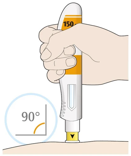 A hand holding a white and orange injection pen positioned vertically at 90 degrees on the skin for