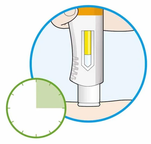 Illustration of a white medical device with a yellow window placed on the skin next to a clock with a quarter green dial