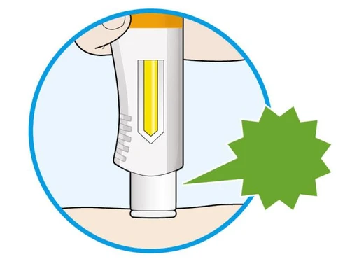 Illustration of a hand holding a white medical device with a yellow indicator on the skin, with a green speech bubble beside it