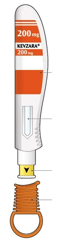 Orange and white autoinjector labeled Kevzara 200 mg, with indications on body, transparent window, yellow base, and orange tether