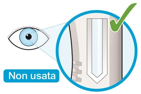 Diagram showing an eye observing a magnified detail of a medical device with a transparent window and a green checkmark above