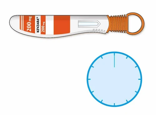 Kevzara 200 mg autoinjector with orange and white label and a blue circular diagram with ticks indicating application time