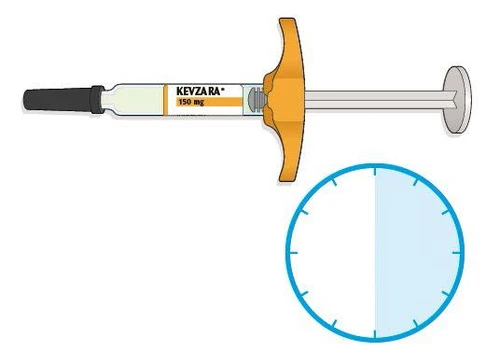 Pre-filled Kevzara 150 mg syringe with orange grip and a circular diagram vertically divided between white and light blue
