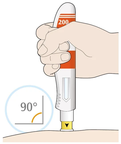 A hand holding a white and orange injection pen applying it vertically at 90 degrees to the body skin