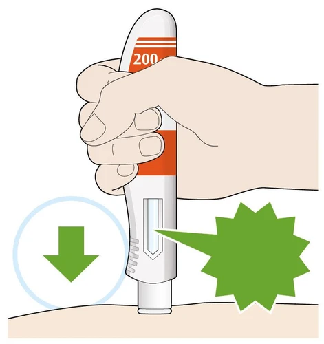 A hand holding a white injection pen with orange stripes and number 200 placed on the skin with a green arrow pointing downward