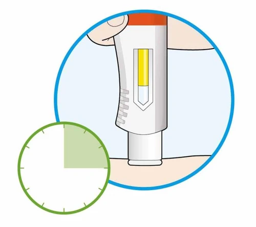 Illustration of a white medical device with yellow liquid and a clock indicating a time interval of a quarter of an hour