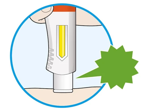 Circular illustration of a white medical device with yellow window placed on the skin next to an empty green speech bubble