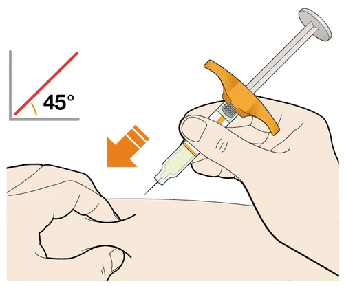 A hand holding a syringe injecting liquid into the arm at a 45-degree angle indicated by a graphic and an orange arrow