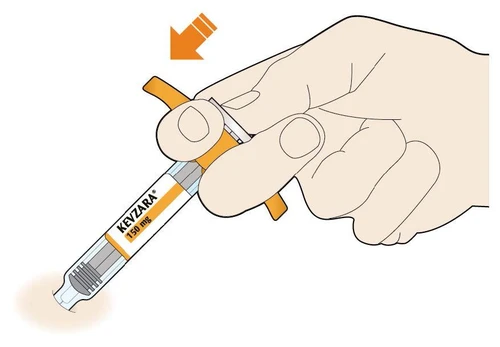 A hand holding a pre-filled Kevzara 150 mg syringe with an orange arrow indicating the direction of downward pressure