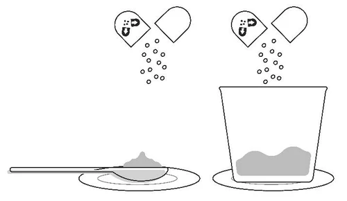 Disegno schematico di due capsule aperte che versano granuli in un cucchiaio e in un bicchiere contenente del farmaco in polvere