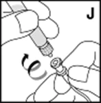 A hand holding an injection pen to attach it to a medication vial via a circular connector with a curved motion arrow