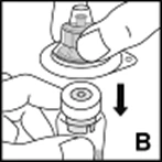 Technical drawing showing a hand pressing a medical device downward onto a cylindrical container indicated by a black arrow