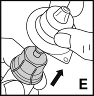 A hand rotating clockwise the base of a medical device over a container with a black arrow pointing towards the