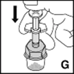 Technical drawing showing a hand rotating the top of a medical vial downward in the direction of a black arrow