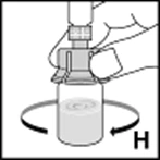 Hands holding a medication vial while rotating it in the direction indicated by a circular black arrow with the letter H
