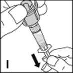 Two hands holding a syringe with a black arrow indicating the downward pressing motion to push the plunger