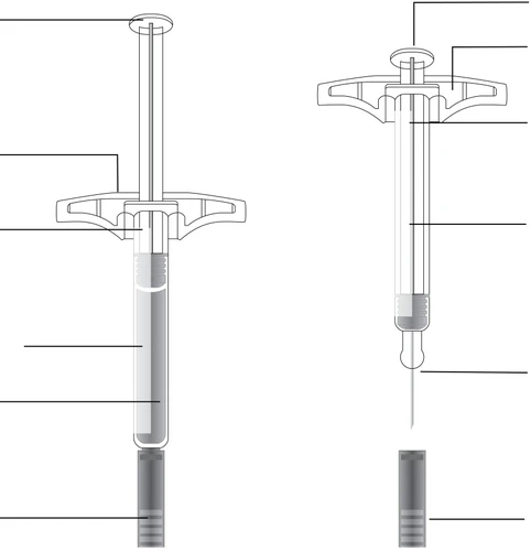 Black and white technical diagram of two pre-filled syringes with indicator lines for different parts of the medical device