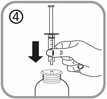 A hand holding a syringe and pushing it downward with a black arrow indicating aspiration of liquid from a medical vial, with number 4 at the top