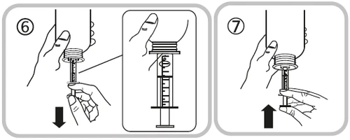 Numbered diagrams 6 and 7 showing hands withdrawing liquid from a vial using a syringe through downward and upward movements