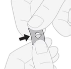 Two hands holding a small square sachet with a black arrow pointing to the