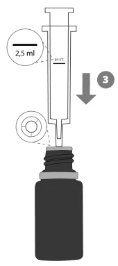 Schema tecnico che mostra una siringa da 2,5 ml con ago rivolto verso il collo di un flacone scuro con una freccia rivolta verso il basso e il numero 3