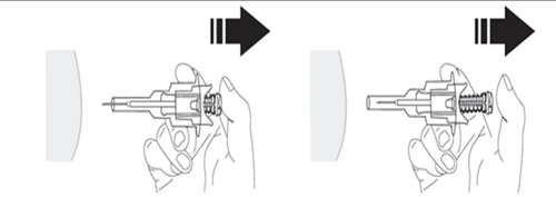 Two sequential drawings showing a hand holding a medical device to inject a drug against a light surface with black arrows pointing to the right