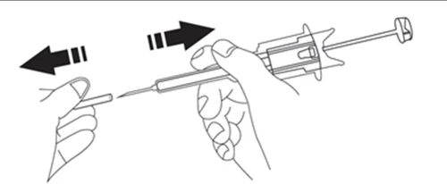 Technical drawing showing two hands moving a syringe back and forth with a label indicating mixing