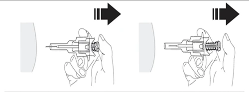 Two diagrams showing a hand holding a medical device and moving it to the right following the direction of a black arrow