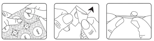 Three line drawings show hands separating a tablet package, opening a blister pack, and holding a single pill between fingers