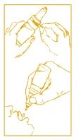 Disegno lineare arancione che mostra due mani che aprono un flaconetto e una mano che applica il contenuto su una parte del viso