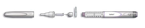 Exploded diagram of an Lantus insulin pen showing cap, pen body, needle, and needle support