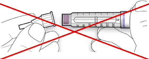 Technical drawing of two hands attempting to separately connect a cap and a syringe, with a large red X over the action