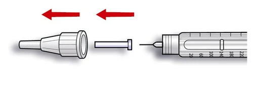 Diagram showing the removal of a white cap from a syringe needle, with two red arrows indicating leftward movement