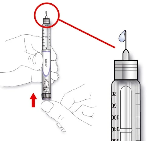 Medical illustration showing a hand holding an injection pen, with a red arrow pointing to the base and a close-up of the pen tip